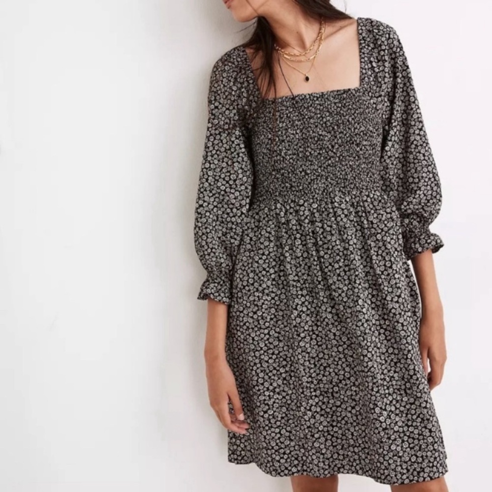 Madewell Black Floral Smocked Mini Dress